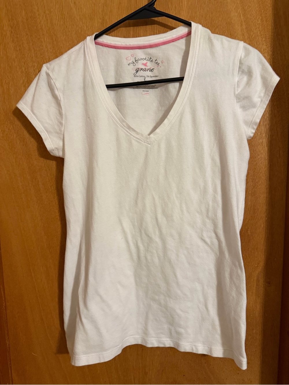 Grane White V-Neck Short Sleeve Tee with Pink Neck Trim